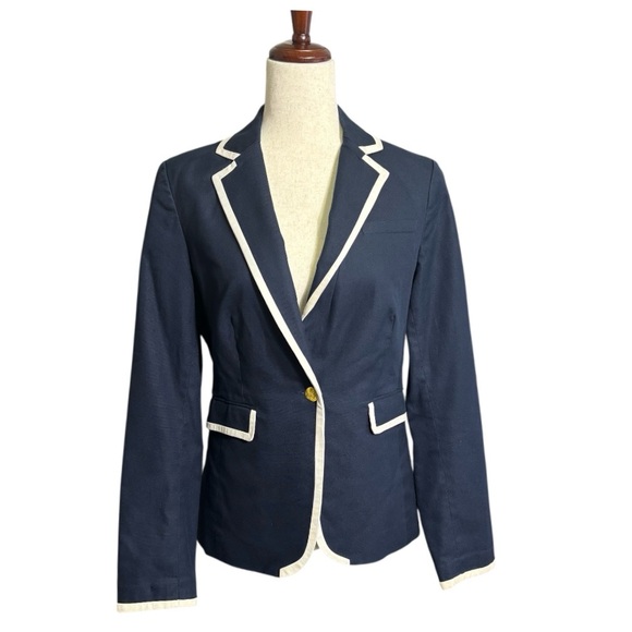 Banana Republic Dark Blue Cotton Blazer with White Trim Size 6 - Picture 1 of 8